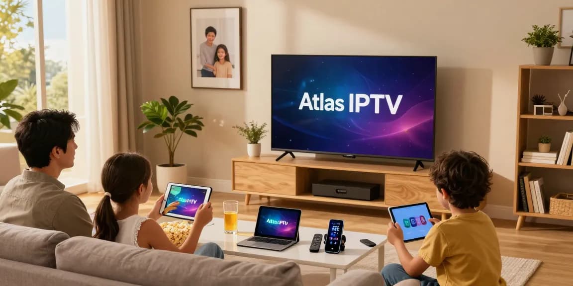 Une famille profite du service Atlas pro sur leur TV à écran plat dans un salon moderne.