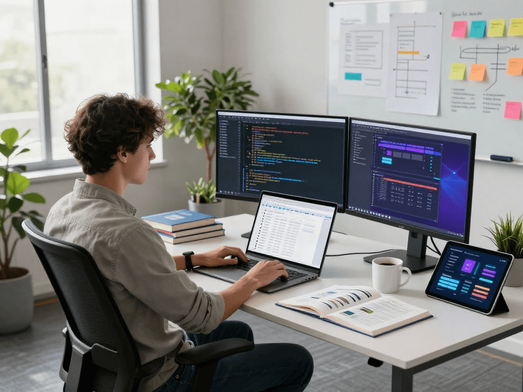 Développeur utilisant Atlas pro ontv dans un bureau moderne avec des écrans affichant du code dynamique.