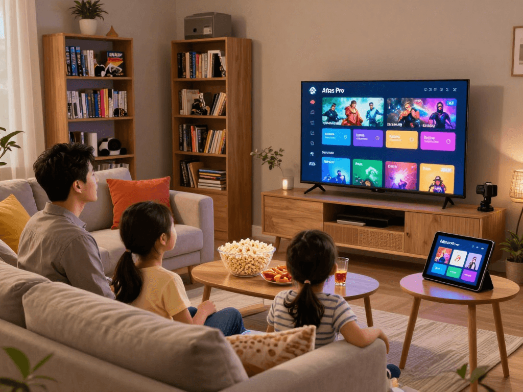 Télévision en direct avec atlas pro ontv dans un salon familial confortable.
