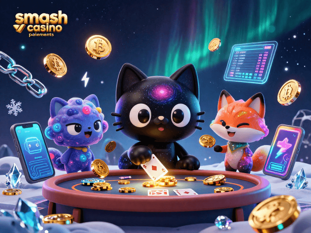 Découvrez les paiements Smash Casino avec une illustration unique de jeux et crypto-monnaies.
