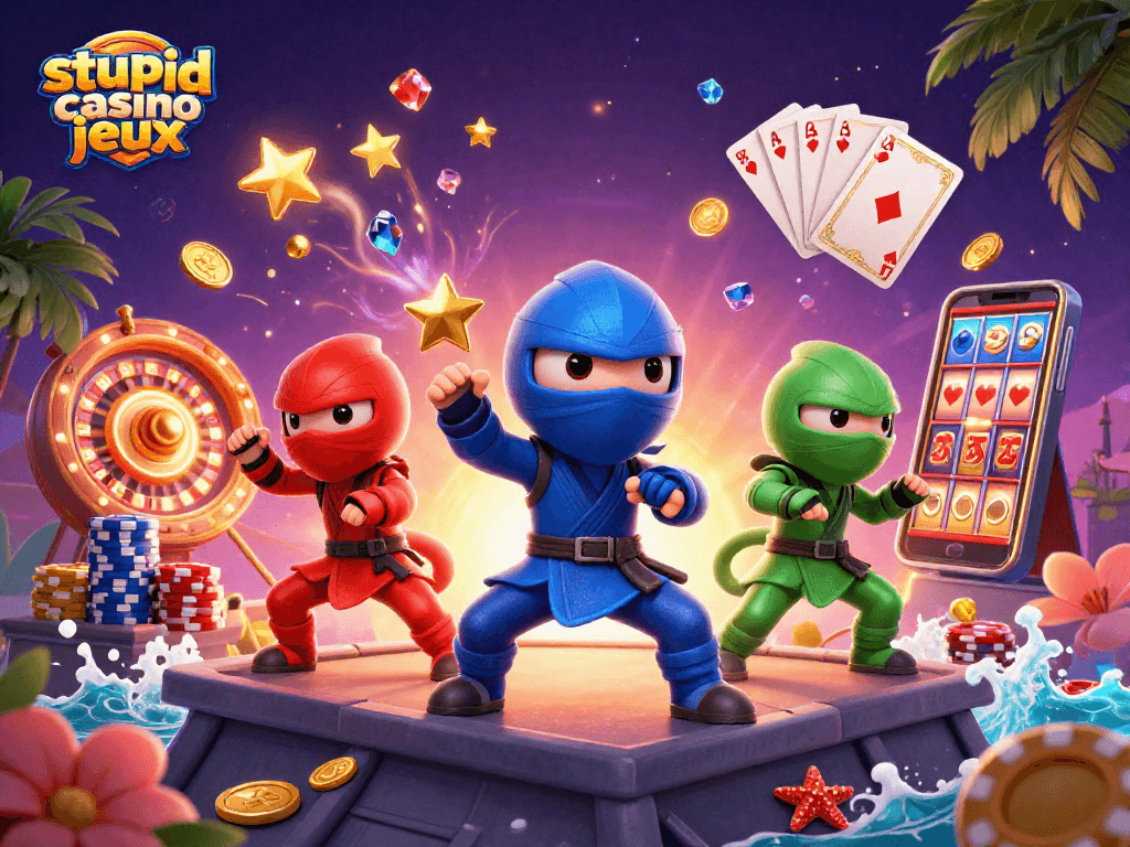 Profitez des jeux Stupid Casino avec des caméléons ninja et des éléments de casino étincelants.