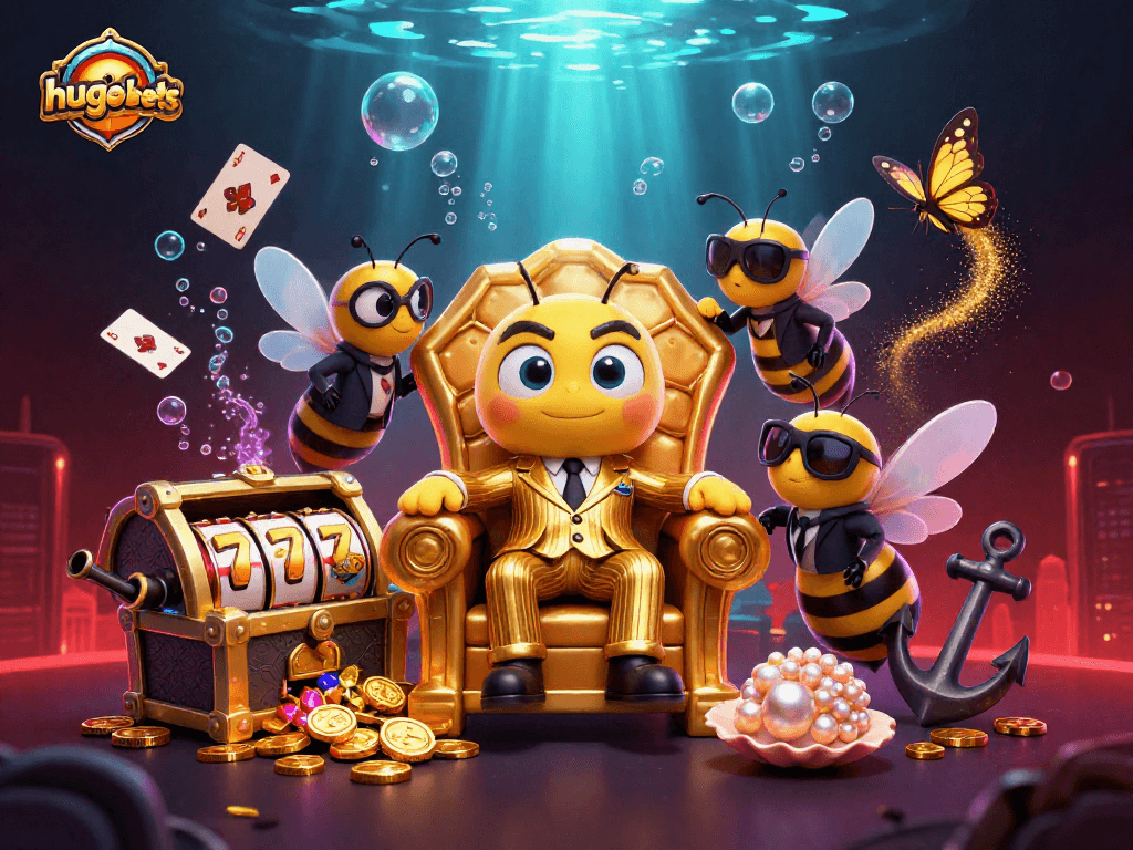 Experience gambling excitement with hugobets featuring a bustling casino scene with vivid characters and slot elements.