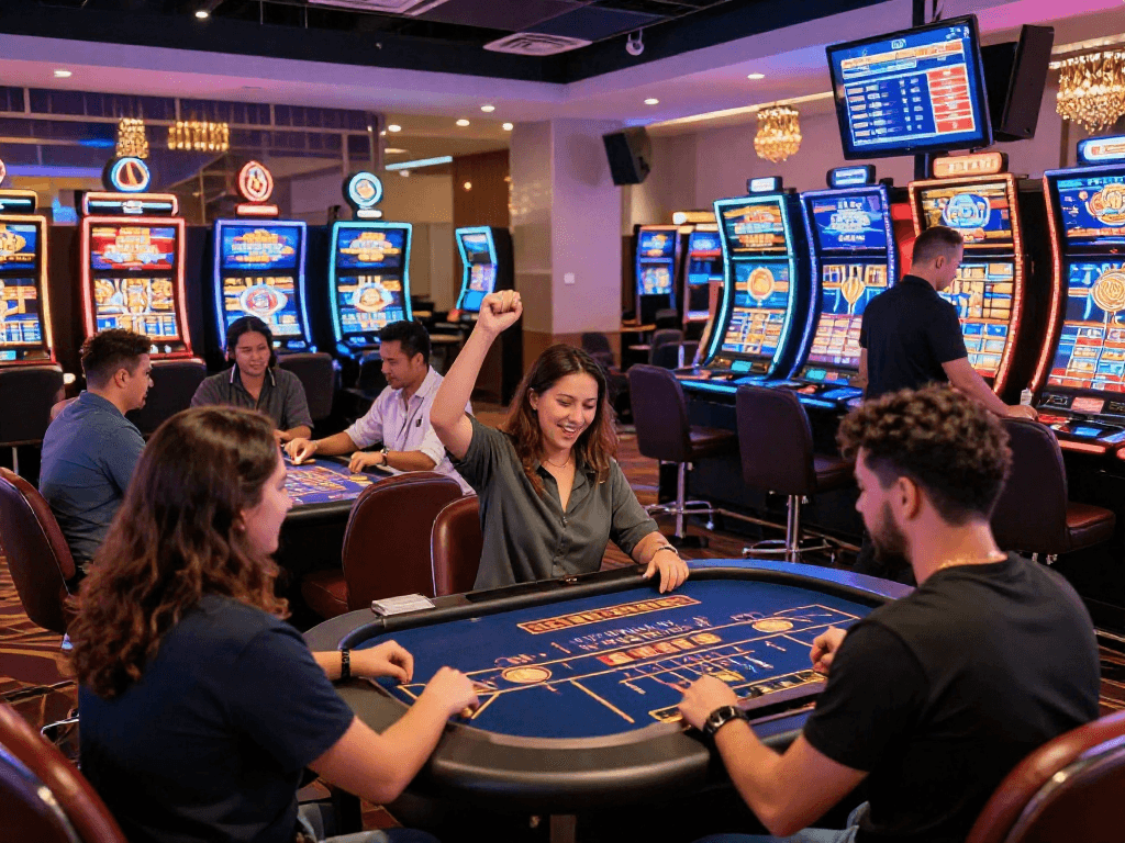 Scène animée de casino en ligne, joueurs engagés autour des jeux, ambiance festive et jeux diversifiés.